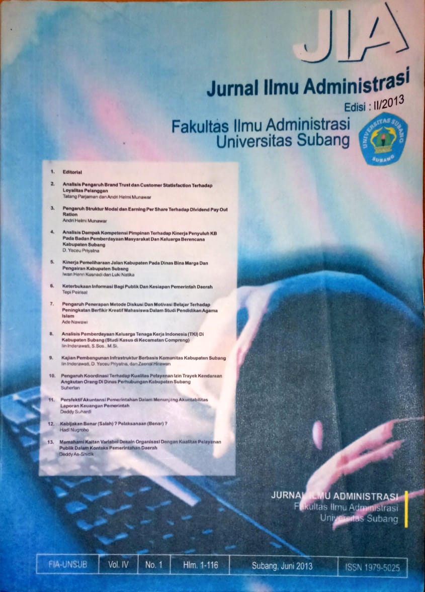 					View Vol. 4 No. 1 (2013): JIA FAKULTAS ILMU ADMINISTRASI (FIA) UNSUB
				
