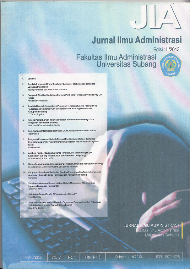 					View Vol. 3 No. 1 (2013): JIA FAKULTAS ILMU ADMINISTRASI (FIA) UNSUB
				